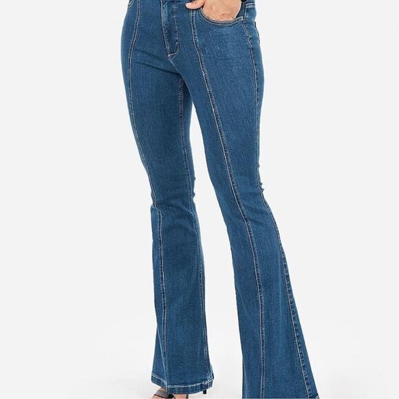 EXPRESS 12R Bell Flare High Rise Front Seam Medium Wash Blue Jeans - Picture 4 of 16
